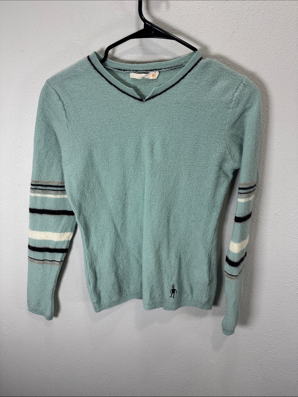 Smartwool Women's Light Teal V-Neck Sweater with Striped Sleeve Detail